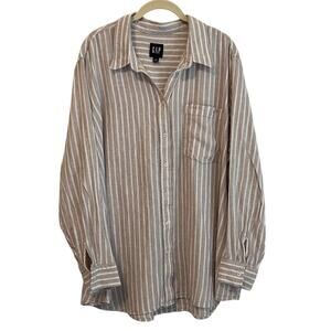 Gap Womens Button Up Shirt XXL Beige White Stripe Linen Rayon Long Sleeve
